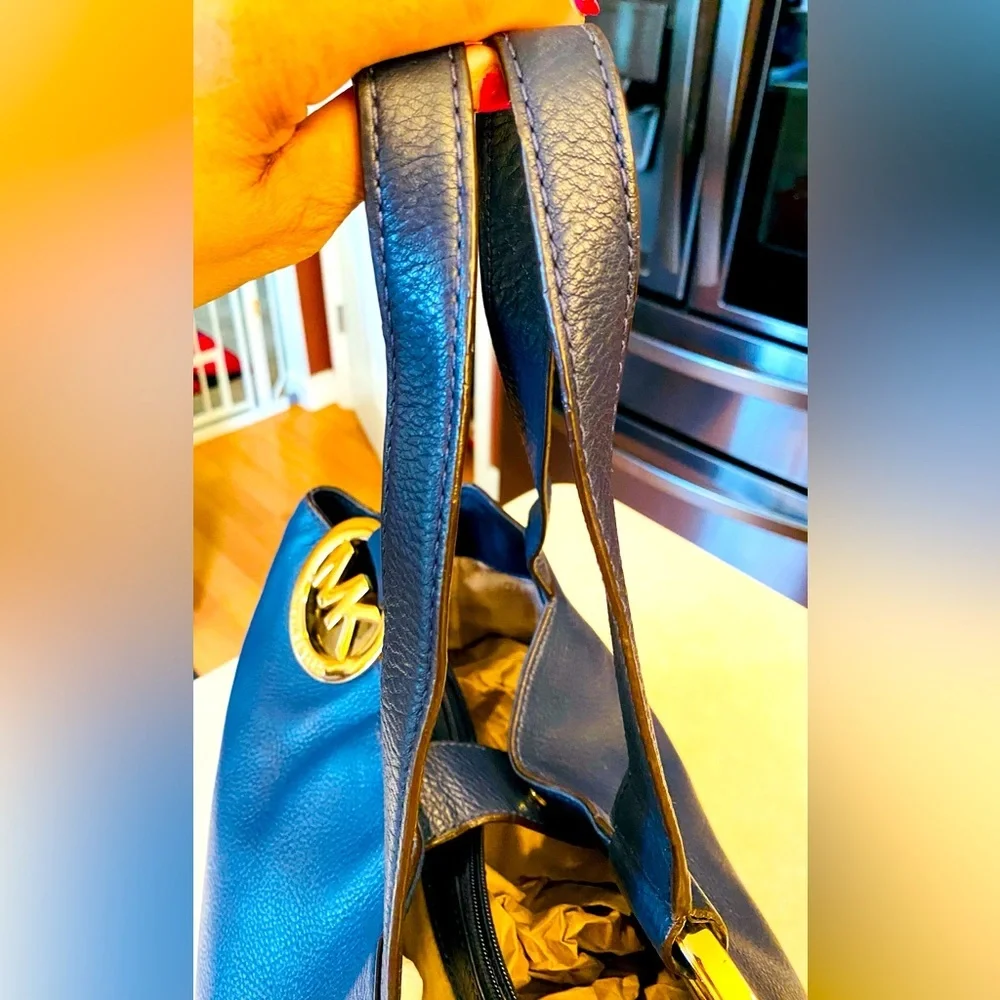 MICHAEL KORS Fulton Blue Pebble Leather Gold MK Logo Hobo Shoulder Bag, EUC